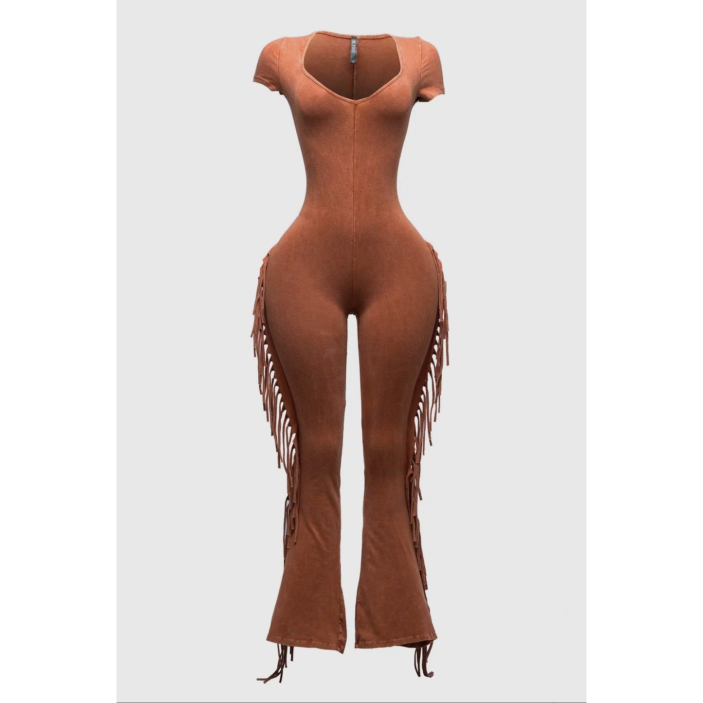 Mineral Wash Fringed Jumpsuit | Rust