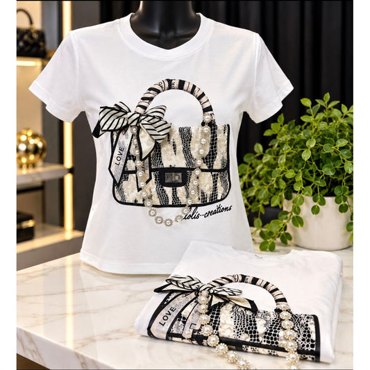 Bag Embellished Crop Tee-White