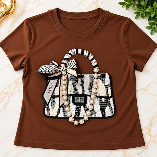 Bag Embellished Crop Tee-Brown
