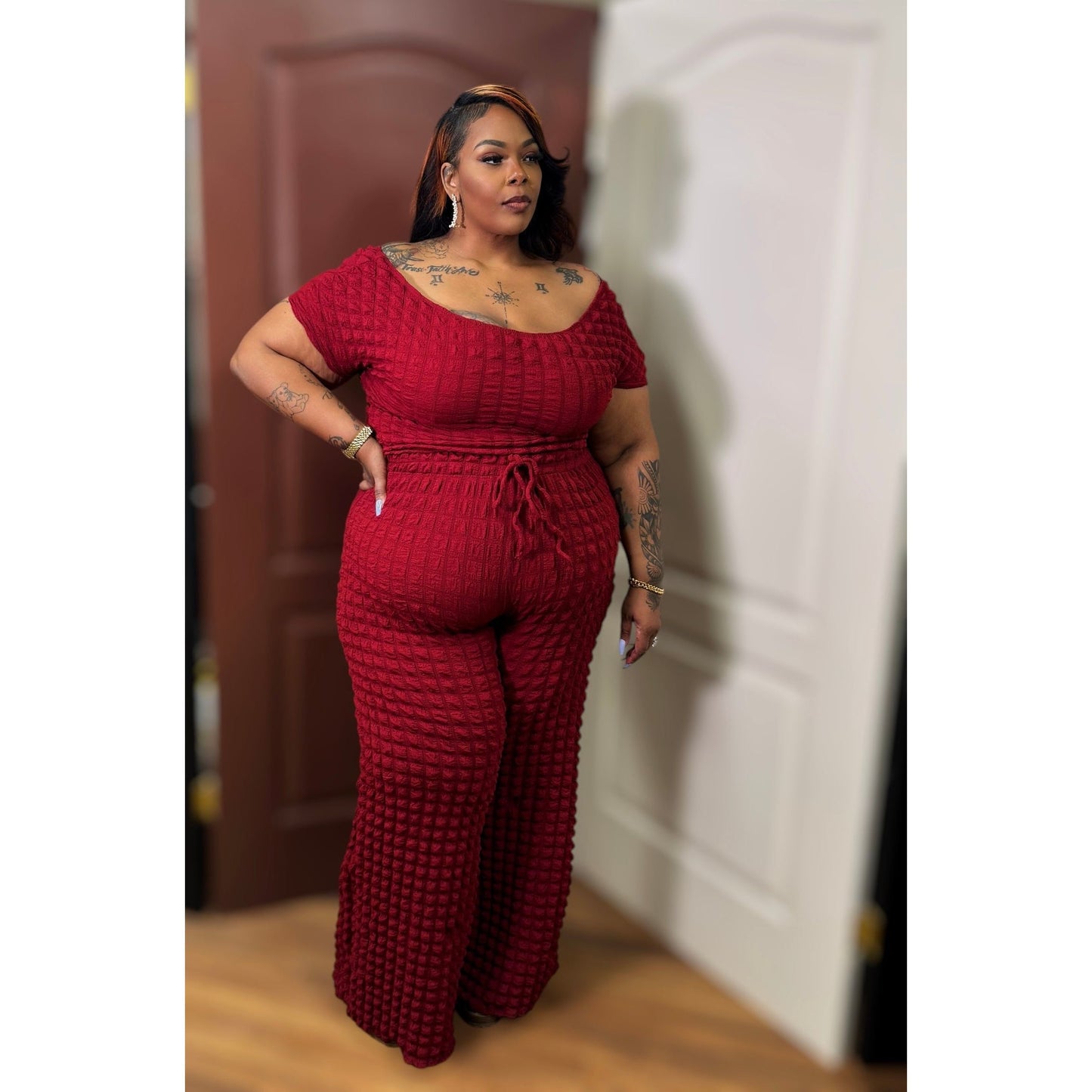Popcorn Short Sleeve Pants Set | Curvy